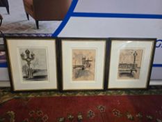A set of 3 prints after drawings of the Embankment London glazed and framed 38 x 45cm Ref 056