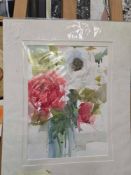 Original Watercolour Rose & White Anenome - Sue Howells (British, b.1948) - Mounted 52x69cm