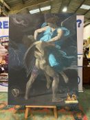 This striking acrylic on canvas painting presents a powerful interpretation of the epic battle