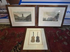 A set of 3 prints (1) interior view of the Royal Exchange in London, specifically showcasing its