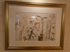 A framed print after a watercolor by Scottish artist Elizabeth V. Blackadder (1931–2021),