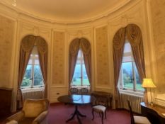 Four pairs of grand-scale Neoclassical style window drape ensembles. Executed in an opulent