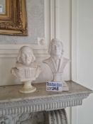 A pair of bisque resin decorative portrait busts, one depicting William Shakespeare and the other