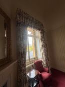 A set of two pairs of full-length window drapes with valance and tie-backs. Each pair of drapes