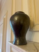 Textured Ceramic Vase with Iridescent Oil-Spot Glaze A ceramic vase featuring a globular body
