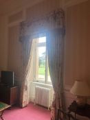 A custom-made set of Chinoiserie-style window drapes with pelmet. Comprising a pelmet and a pair