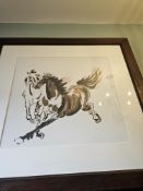 A framed art print after Xu Beihong (Chinese, 1895 – 1953) depicts a horse in an expressive,