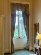 Set of Three Pairs of Brocade Drapes with Pleated Valance and Ornate Tie-Backs A set of three