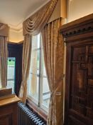 3 x pairs of traditional style window drapes, consisting of a swagged pelmet adorned with a beaded