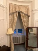 A set of four pairs of elaborate floor-length damask window drape treatments. Each ensemble is