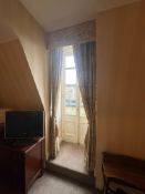 Pair of Patterned Curtains with Fabric-Covered Pelmet and Braided Tie-Backs A pair of floor-length