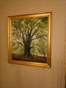 A giclee landscape painting depicting a large, mature tree with lush green foliage centred within