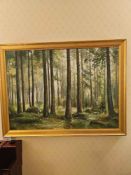 A giclee landscape painting dense forest landscape, characterized by numerous tall, slender trees