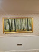 A giclee landscape , depicting a dense forest scene with numerous tall, slender trees and a ground