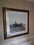 A framed landscape print executed in a modernist or semi-abstract style, depicting a simplified