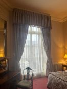 Five pairs of classical-style window drapery ensembles in beige and cream damask. Each set comprises