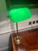 Classic Banker’s Lamp with Green Glass Shade and Brass Base A traditional banker’s desk lamp