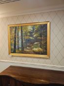 A giclee landscape , depicting a vibrant autumnal forest landscape framed 122 x 91cm ( Loc
