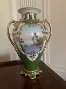 Noritake Porcelain Urn-Form Vase with Hand-Painted Landscape A double-handled urn-form vase by