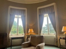 A set of 4 pairs of traditional brocade window drapes with valances and tie-backs. Comprising a pair