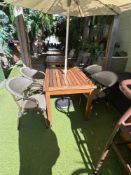 Max Green Terrace set comprising of teak table, parasol and base and 4 x French Bistro armchairs 120