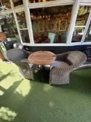 Max Green circular teak table 70cm complete with 2 x Polyrattan tub chairs (Location Terrace)