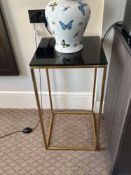 A pair of Kensal black glass topped side tables with gold frame 40 x 40 x 76cm and 40 x 40 x