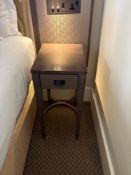 A pair of nightstands with a single drawer, The drawer features a textured, woven, front panel and a