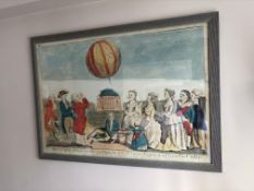 Framed and glazed print The King and Queen etc. viewing a balloon let off in a garden of Windsor