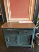 Buffet verdigris, wooden cabinet with stone top  The front of the cabinet has two drawers with