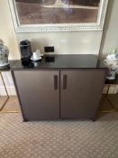 Two door cabinet embossed facia panel doors open to reveal internally fitted cubby space, drawers