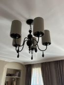 A five arm metal veto style chandelier with shades 50 x 50cm ( Location 207 John Chater Suite)