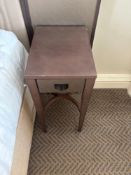 A pair of nightstands with a single drawer, The drawer features a textured, woven, front panel and a