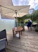 Max Green teak circular bistro table 70cm complete with parasol and base (Location Terrace)