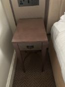 A pair of nightstands with a single drawer, The drawer features a textured, woven, front panel and a