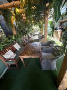 Max Green Terrace set comprising of teak table, teak bench and 2 x Polyrattan tub chairs table