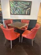 Dining table complete with four chairs, the dining table with a copper inlay top on a cast base,