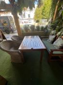 Max Green Terrace set comprising of teak table, teak bench and 2 x Polyrattan tub chairs table