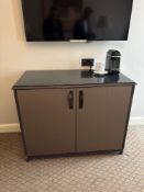 Two door cabinet embossed facia panel doors open to reveal internally fitted cubby space, drawers