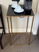 A pair of Kensal black glass topped side tables with gold frame 40 x 40 x 76cm and 40 x 40 x