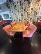 Parquet top dining table complete with four chairs, the dining table with a copper inlay top on a