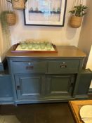 Buffet verdigris, wooden cabinet with stone top  The front of the cabinet has two drawers with