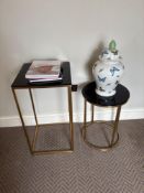 2 x Kensal black glass topped side tables with gold frame circular table 40 x 56cm square table 40 x