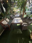 Max Green Terrace set comprising of teak table, teak bench and 2 x Polyrattan tub chairs table