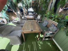 Max Green Terrace set comprising of teak table, teak bench and 2 x Polyrattan tub chairs table