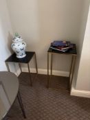 A pair of Kensal black glass topped side tables with gold frame 40 x 40 x 76cm and 40 x 40 x