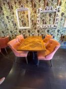 Parquet top dining table complete with four chairs, the dining table with a copper inlay top on a
