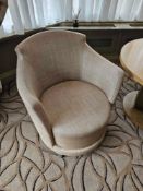 A pair of contemporary curved armchairs upholstered in grey beige fleck linen 88 x 57 x 81cm (