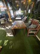 Max Green Terrace set comprising of teak table, teak bench and 2 x Polyrattan tub chairs table