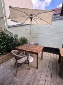 Max Green teak table 120 x 80 x 73cm complete with 2 x French Bistro Polyrattan chairs (Location